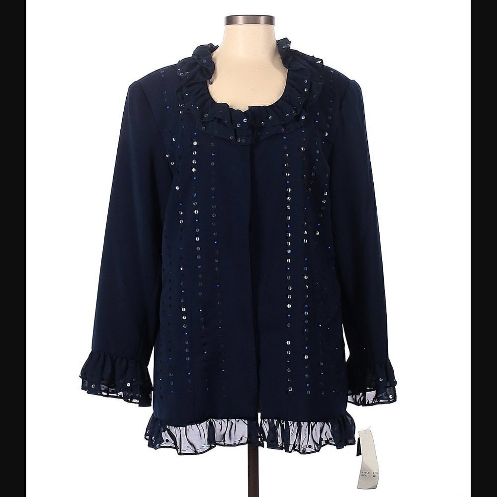 La Femme Womens Size 16 Formal Jacket Navy Blue Sequins Ruffles Button Down 8117